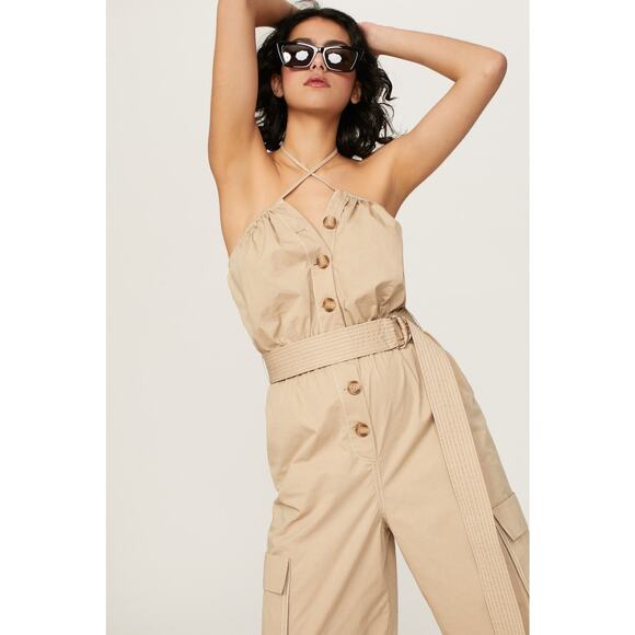 HALSTON Bari Jumpsuit Tan Cargo Pockets Size 8 - Picture 4 of 14